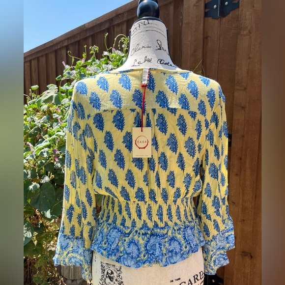 RAGA for Anthropologie Yellow with Blue Floral Print Boho Top Size S Small NWT - Picture 2 of 7